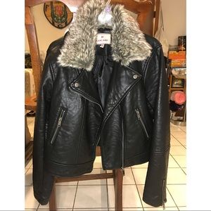 Gorgeous faux leather jacket with faux fur.